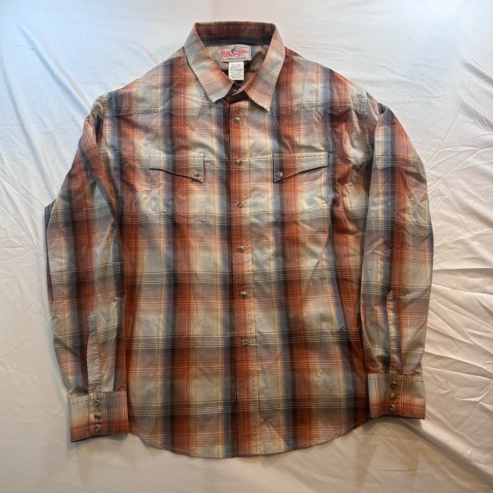 Wrangler American Cowboys Mens XXL Plaid Western Pearl Snap Shirt MV1243M Rust